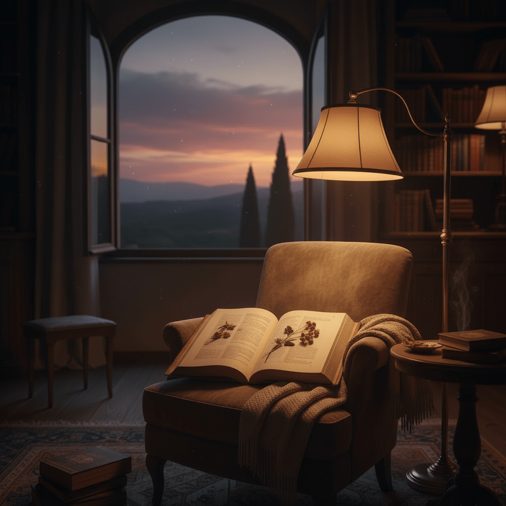 An open book rests on a cozy armchair in a dimly lit library at sunset.