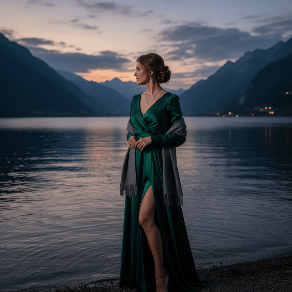 Woman in an emerald green dress standing by a mountain lake at sunset.