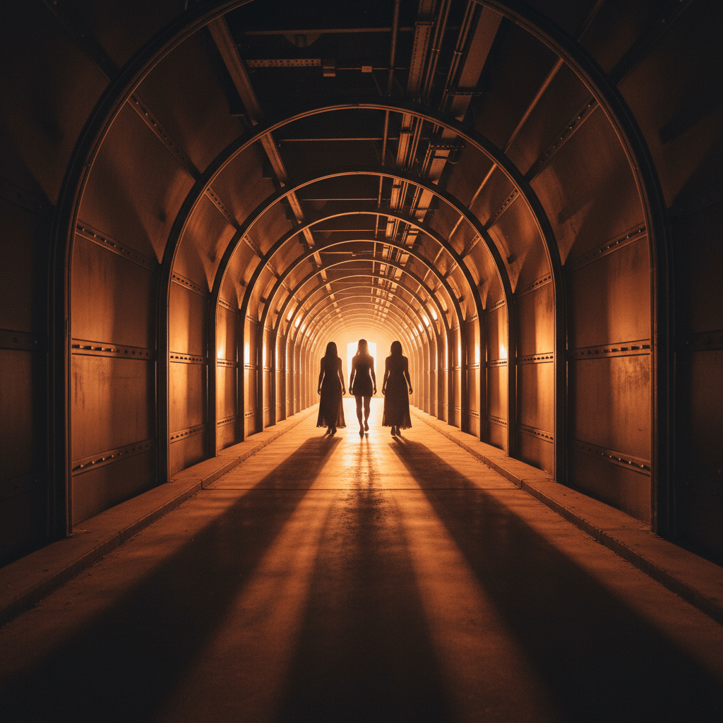Silhouettes of three women walking through a long, orange-lit arched industrial tunnel.