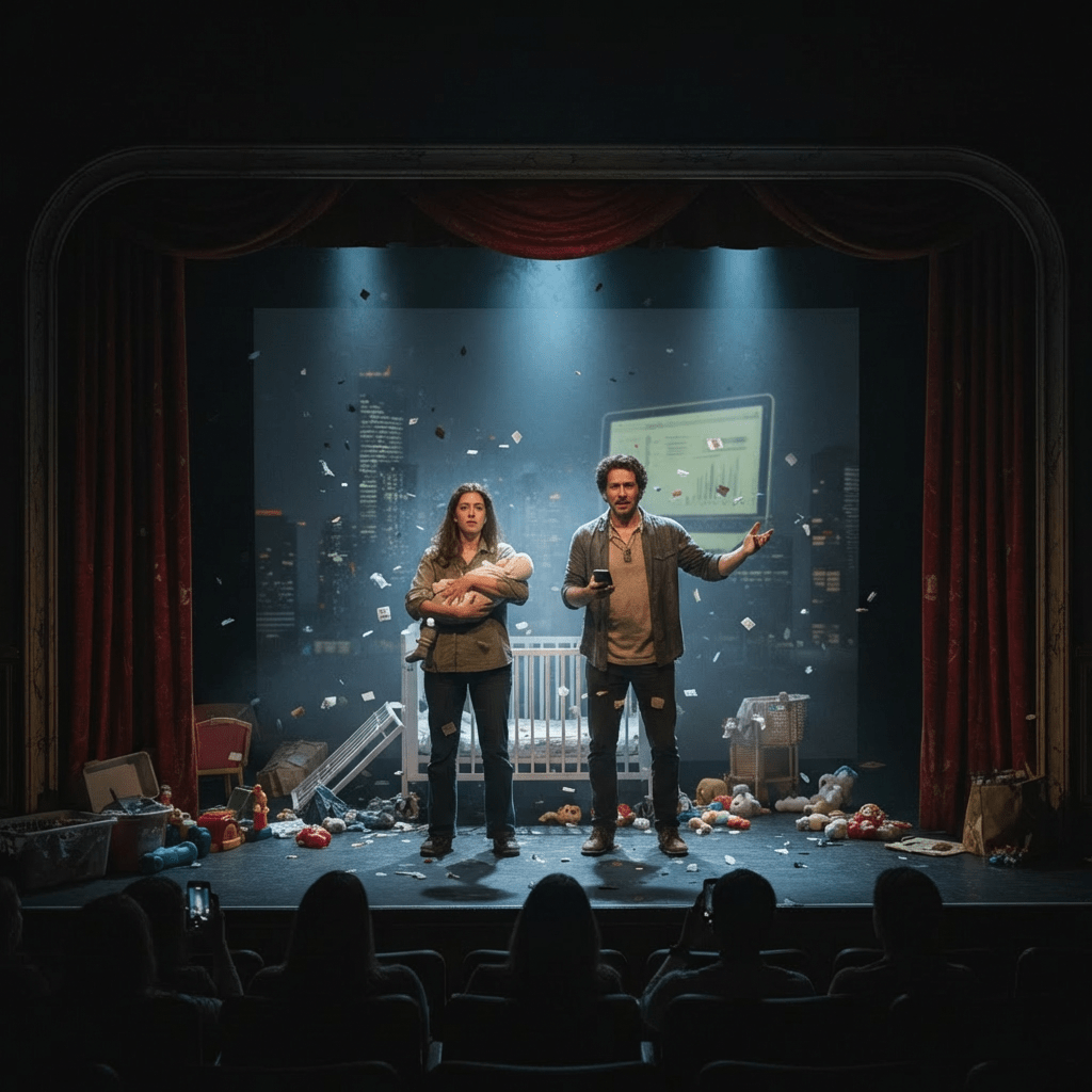 THE SLEEP DEBT: exhausted parents on a stage with a baby and toys.