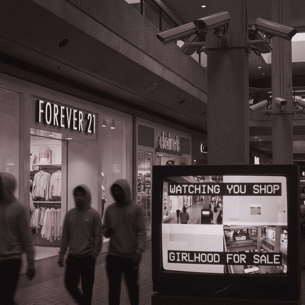 Forever 21, Claire's, security cameras, and monitor reading WATCHING YOU SHOP GIRLHOOD FOR SALE.