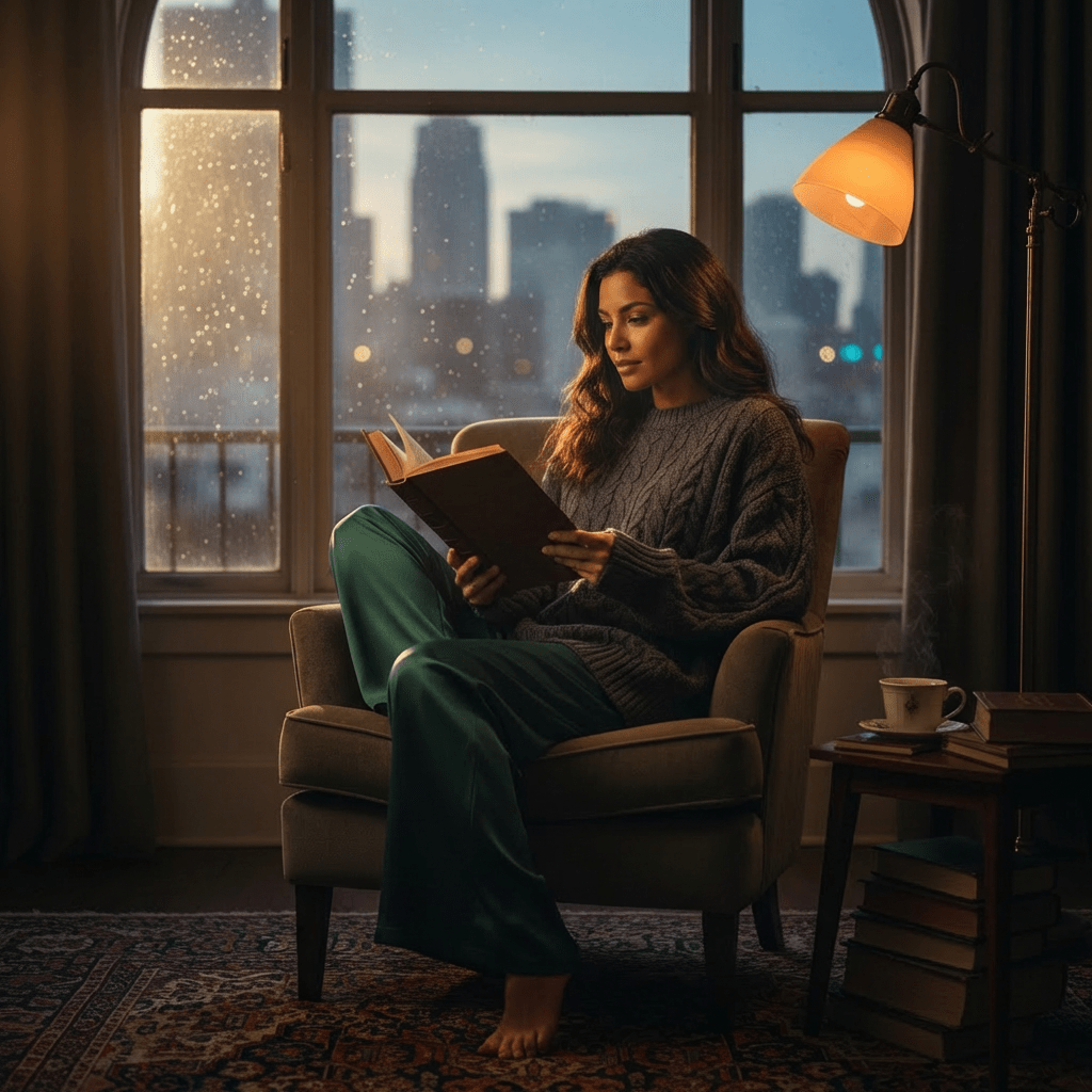 Woman reading a book in an armchair by a rainy window with city lights.