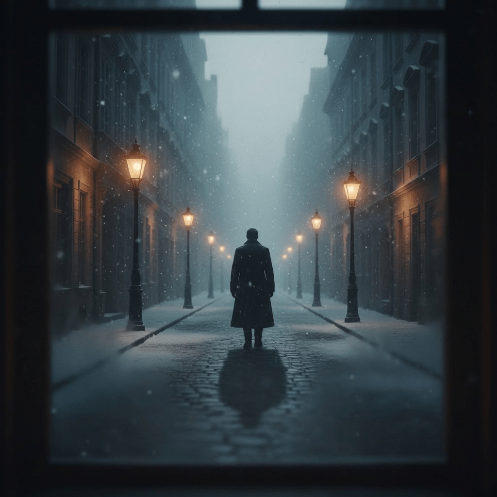 Lone man in a long coat on a misty, lamp-lit street during a snowfall.
