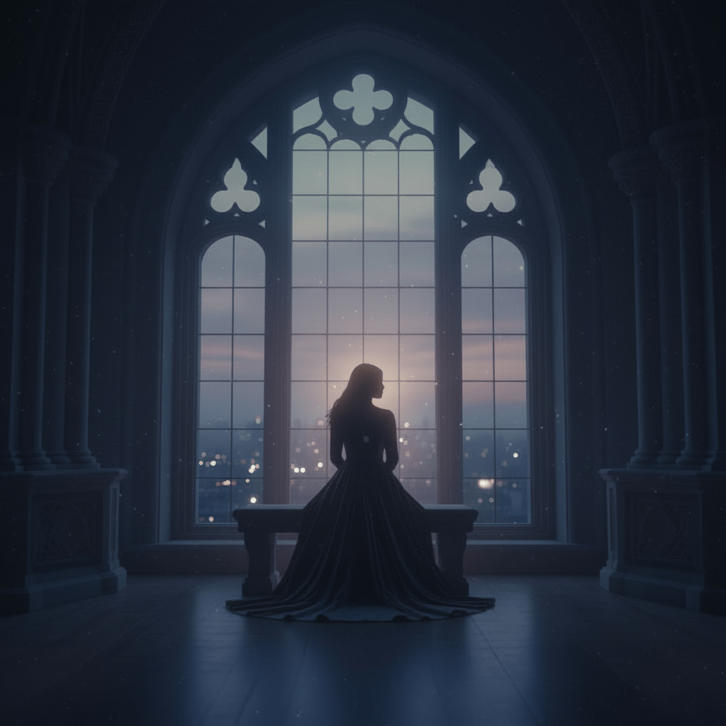 Silhouette of a person in a long coat standing before a large gothic window.