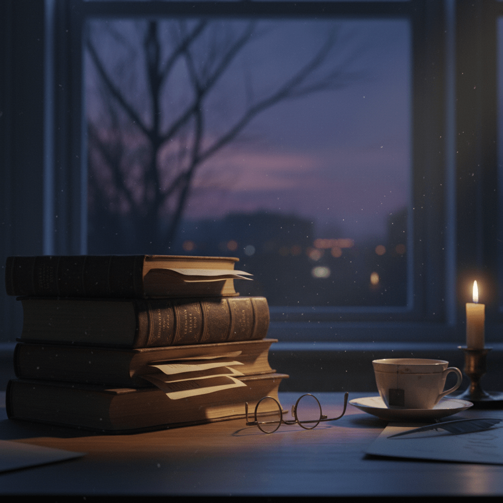 Stack of old books, spectacles, and tea on a desk lit by a candle at twilight.