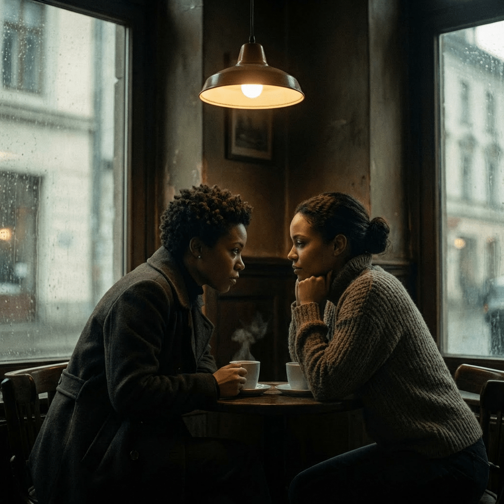 Two women sit at a cafe table having a serious conversation over steaming coffee.